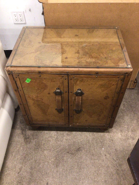 Leather Beveled Glass Top Map Chest