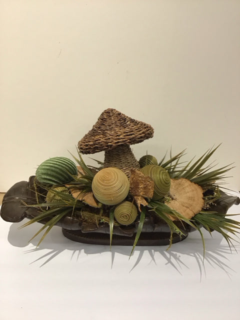 Mushrooms Grass Centerpiece in Resin Pedestal