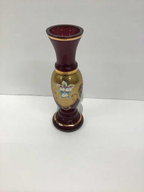 6" Cranberry Vase w/Floral Decor