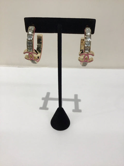 Chanel Style Pink Enamel Gold Hoop Earrings
