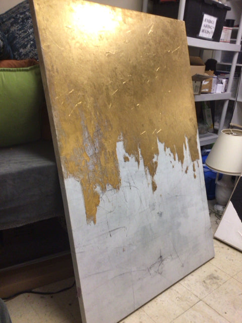 39 1/8" X 58 7/8" Gold/Grey Abstract Print On Canvas