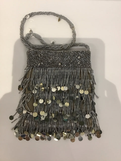 Silver Beaded & Sequined Fringe Evening Bag