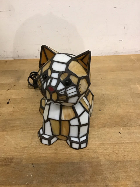 Tiffany Like Yellow & White Bobble Head Cat Lamp