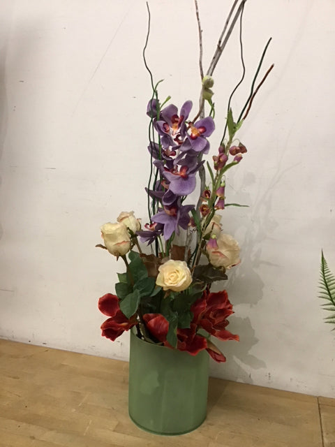 Flowers Faux Lavender & Red Orchid  White Roses In Teal Planter