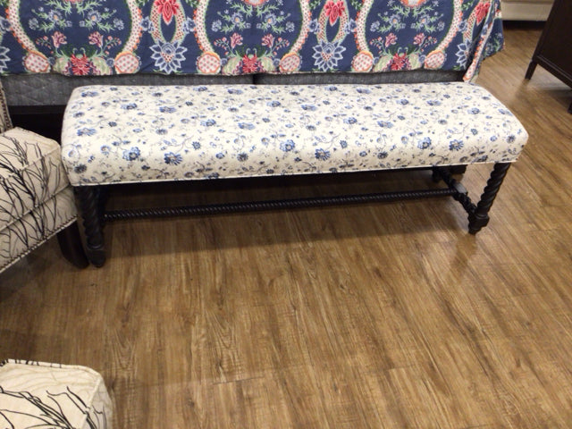 Blue & White Floral Pattern Black Wood Base Bench