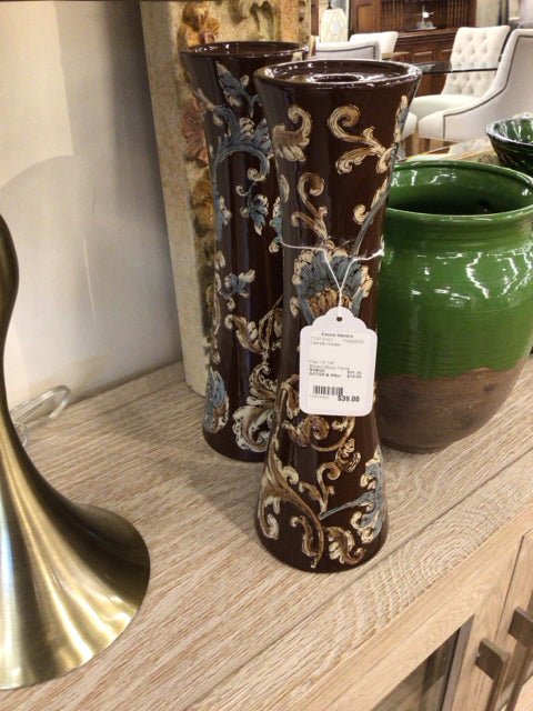 Pair Of 14" Brown/Blue Floral Ceramic