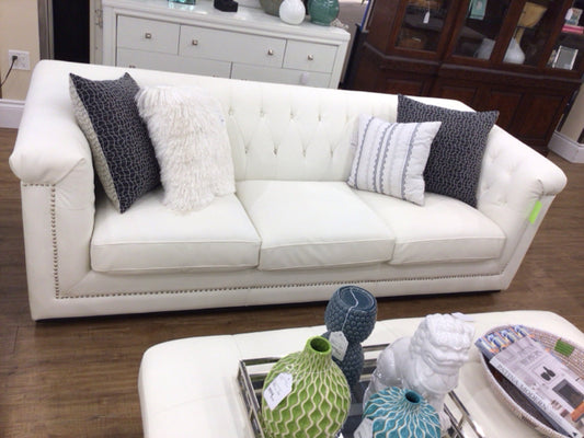 White Vinyl Tufted Sofa W/Silver Nailheads