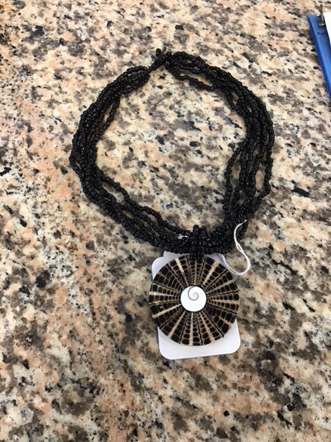 Black Beaded Medallion Pendant Necklace