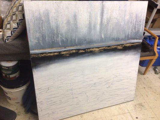 45 1/2" Square Textured Light Blue/Gold/Black/White Abstract Print On Canvas