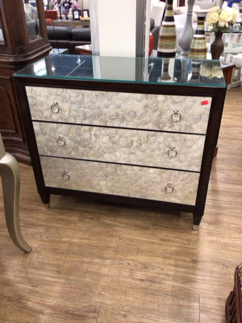Thomasville Glass Top Shell Front Three Drawer Chest