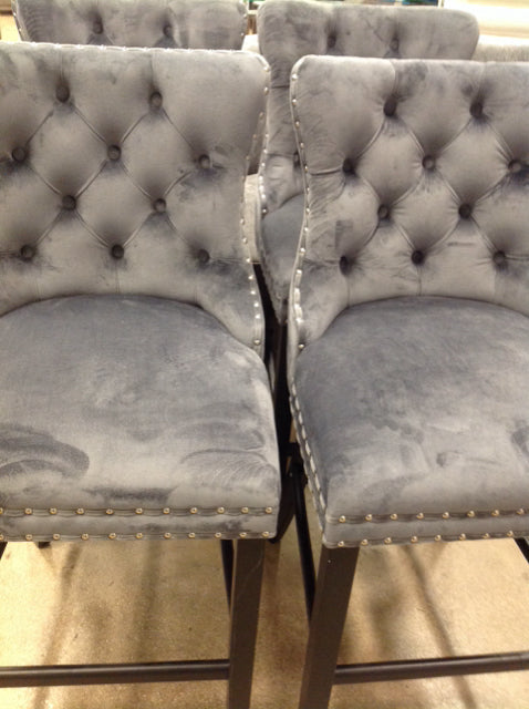 Set Of 4 Grey Tufted Nailhead Bar Stools