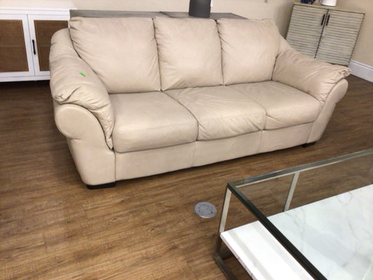 Beige Leather Three Seat Sofa