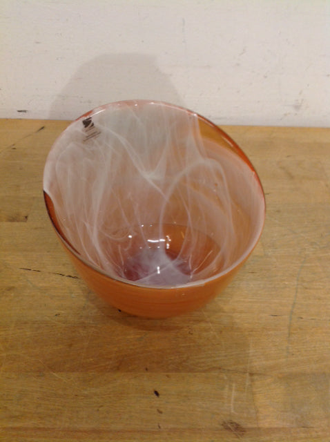 Bowl- 7" Painted Orange & White Art Glass