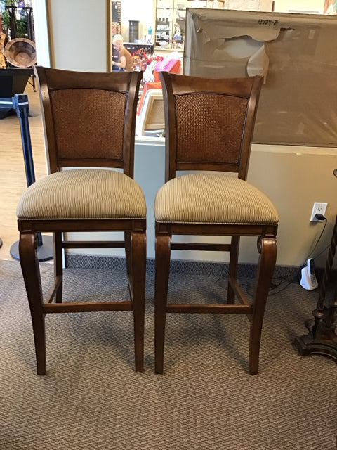 Pair Hooker Furn Upholstered Bar Stools w/Rattan Back