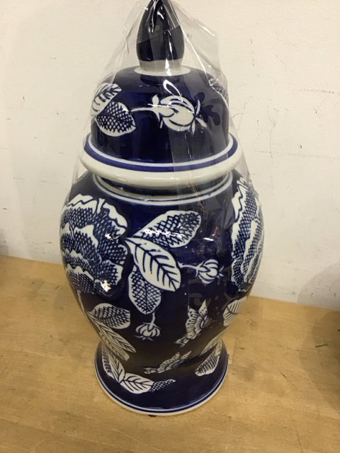 15" Blue & White Floral Ginger Jar