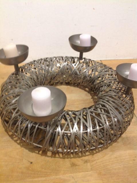 Candle Holder- 14" Silver Metal Wreath