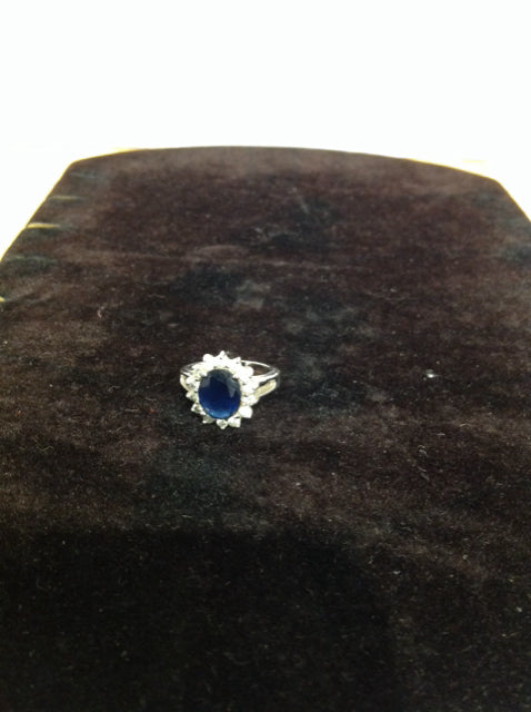 Silver Ring w/Rhinestones & Blue Bead