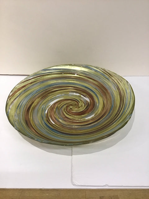 16"Rd Art Glass Bowl w/Blue/Gold Swirls
