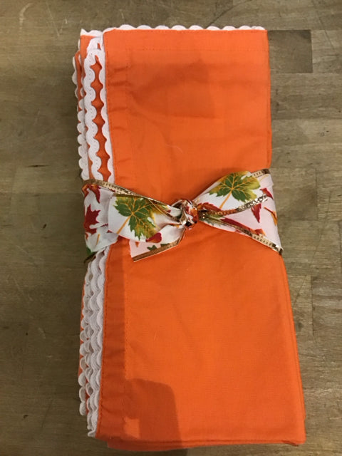 Set Of 8 Orange Napkins W/White Scalloped Trim
