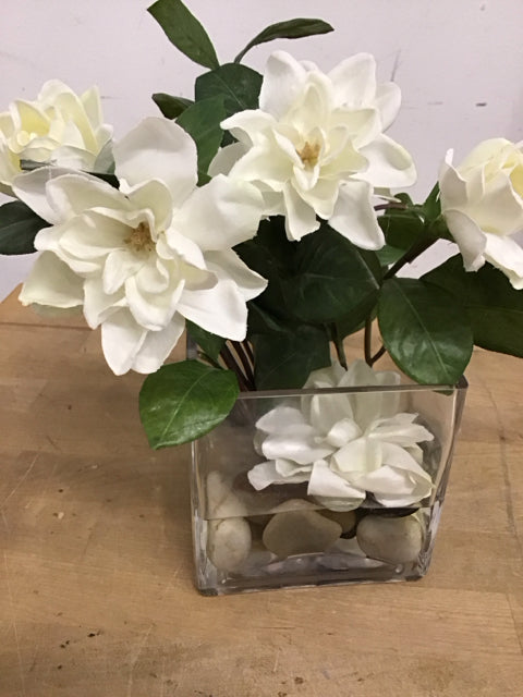 10" Faux Gardenias In A Glass Vase