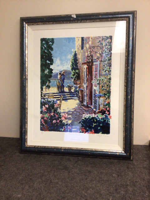 24" X 29" Hazel Soan Blue Framed Terrace Nwe I Serigraph On Board