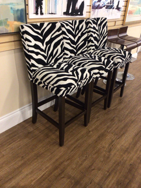 Set Of 3 Zebra Fabric Bar Stools