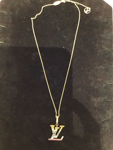 Gold Louis Vuitton Style Necklace w/Rainbow Crystals
