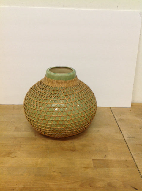 11" Green Ceramic Planter w/Rattan Weave
