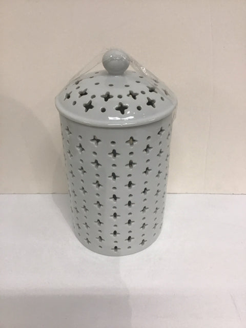 11" White Pierced Ceramic Candle Holder