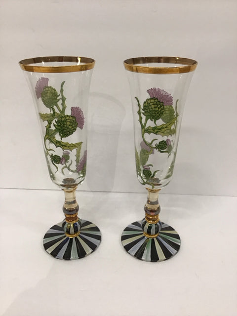 Pair MacKenzie Childs "Thistle" Champagne Flutes