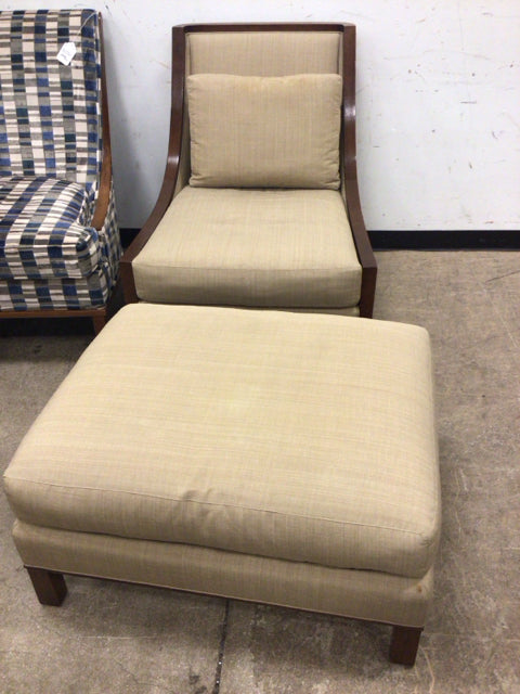 As-Is Baker Furniture Gold Fabric & Slope Wood Arm Chair W/Ottoman