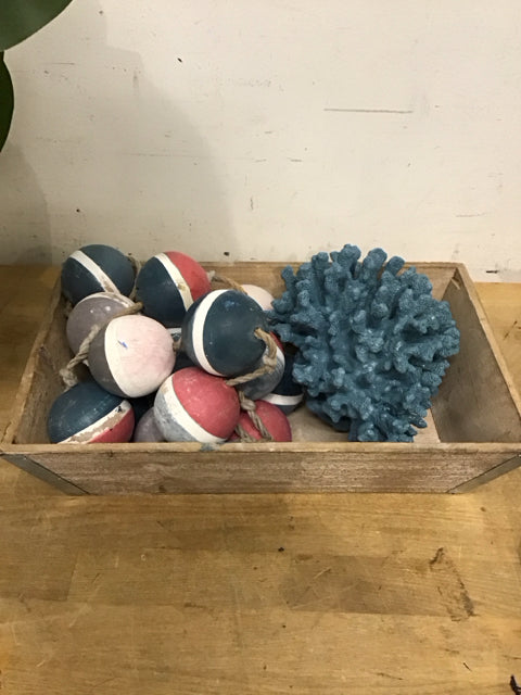 14" Wood Bowl W/ Buoy Garland & Blue Coral