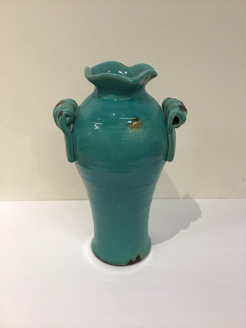 14" Aqua Ceramic Crackle Vase w/Handles