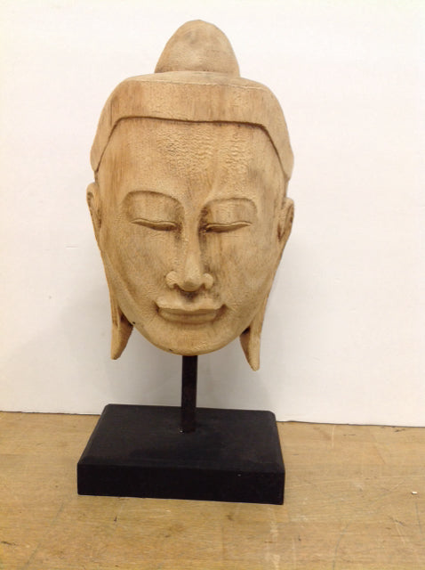 15" Carved Wood Buddha Face w/Base