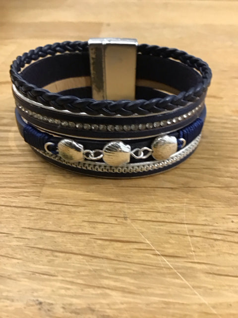 Blue Leather Like Silver Magnetic Bracelet