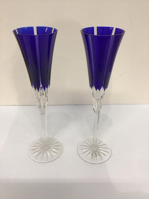 Pair Ajka Castille Crystal Cobalt Flutes