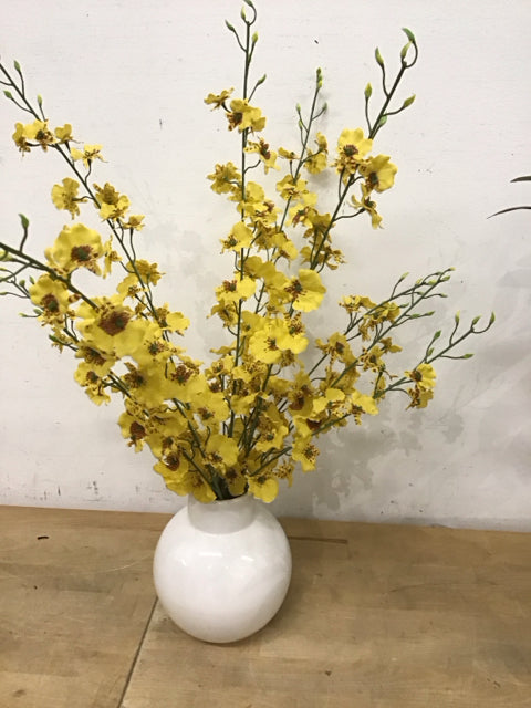 24" Faux Yellow Dancing Lady Orchids White Vase