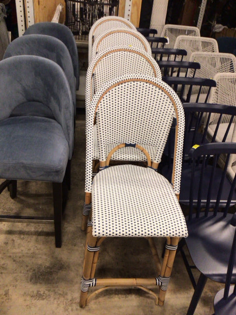 26" H Set Of 4 Serena & Lily Riviera Navy/White Rattan Counter Stools