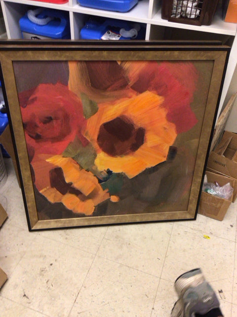 33" Square RTG Gold Frame Cherry Floral Abstract Print On Canvas