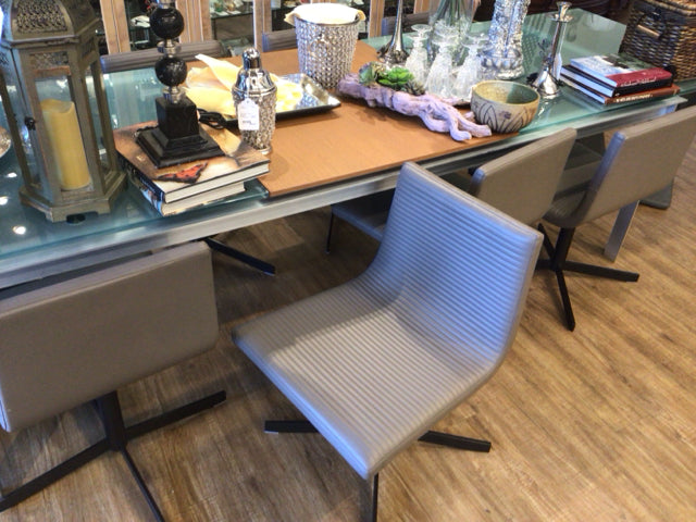 Set Of 8 Grey Leather Metal Base Swivel Dining Chairs