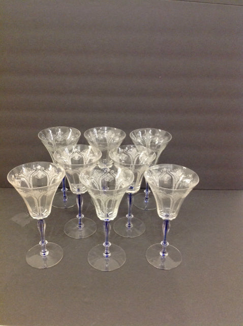 Set/8 Crystal Water Glasses w/Cobalt Blue Streaks