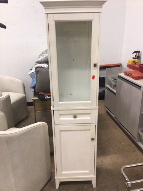 Narrow White Wood Glass Front Cabinet