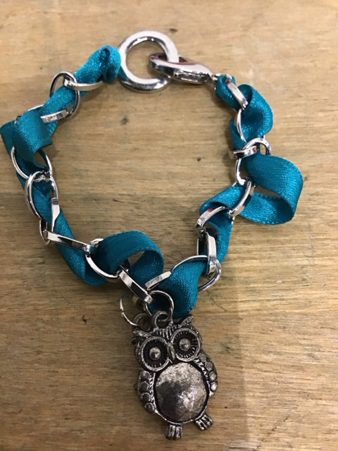 Silvertone Teal Ribbon Link Charm Bracelet