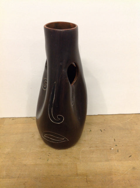 13.5" Dk Brown Face Painted Ceramic Vase