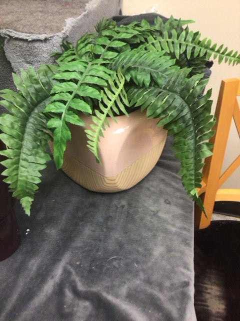 10" Faux Plant In Salmon & Beige Ceramic Planter