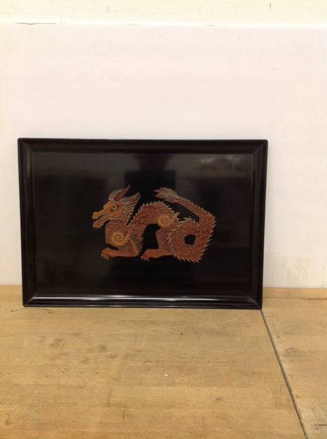 18"x12" Black Lacquer Tray w/Wood Dragon Inlay
