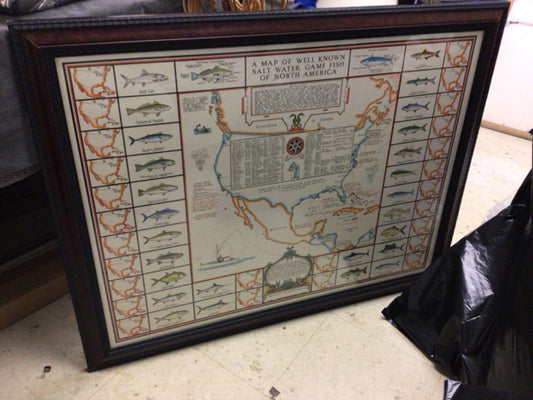 38 3/4" X 30 1/4" Salt Water Fish Map Framed Print