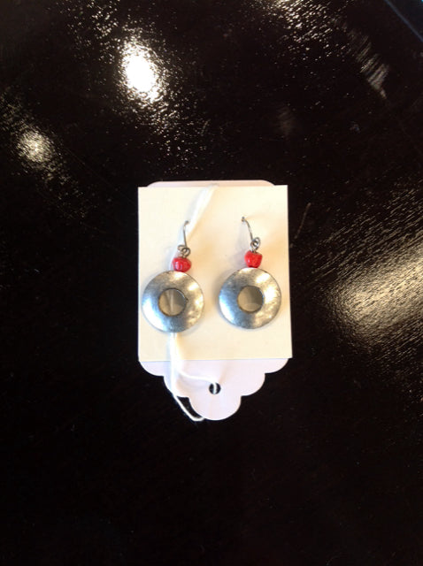 Silver Tone Round Metal w/ Red Bead Earrings