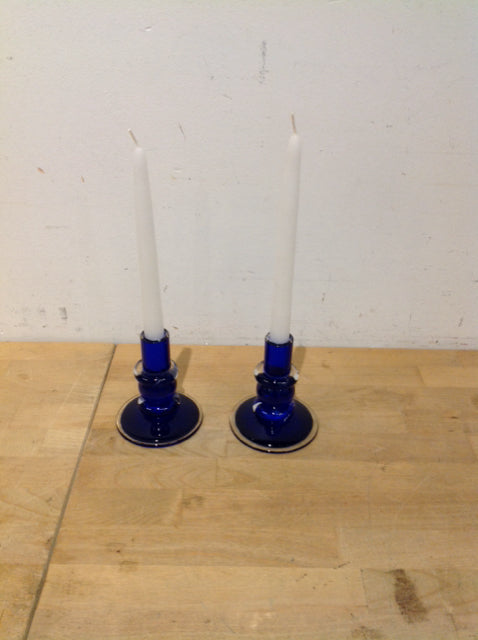 Pair of Blue Art Deco Glass Candle Sticks
