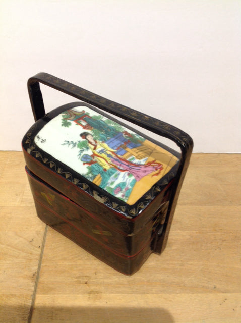 8"Hx6"W Black Lacquer Hand Painted Stacking Trays AS-IS